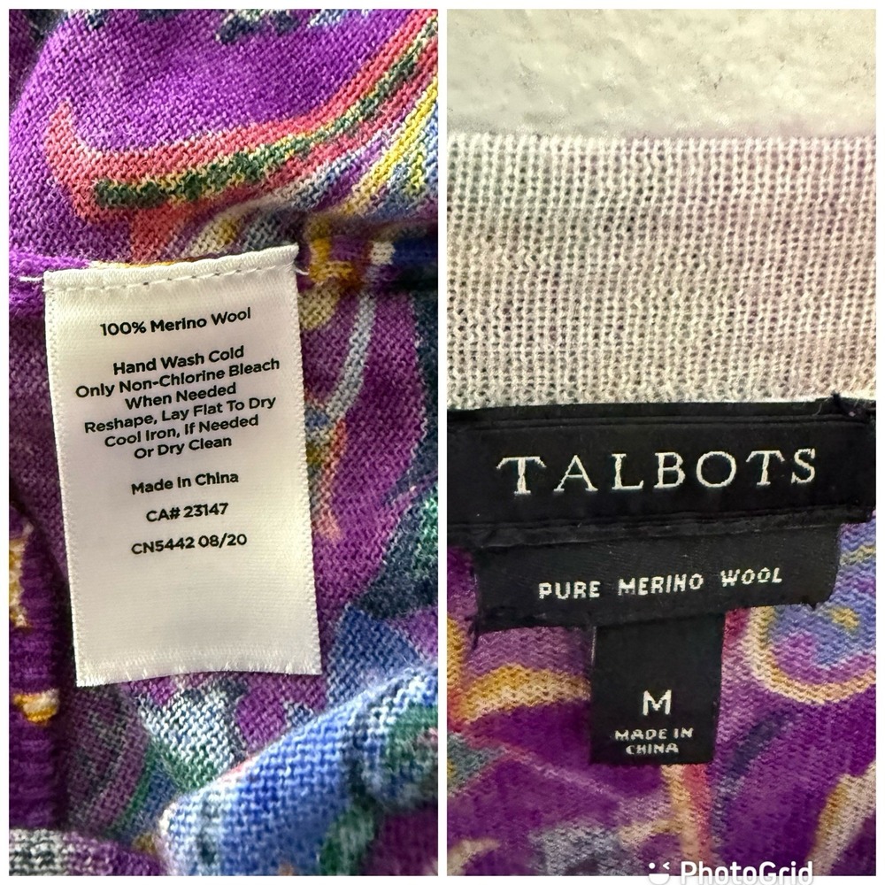 Talbots Merino Wool Purple Paisley Long Sleeve Spring Sweater Womens Medium - Picture 10 of 10